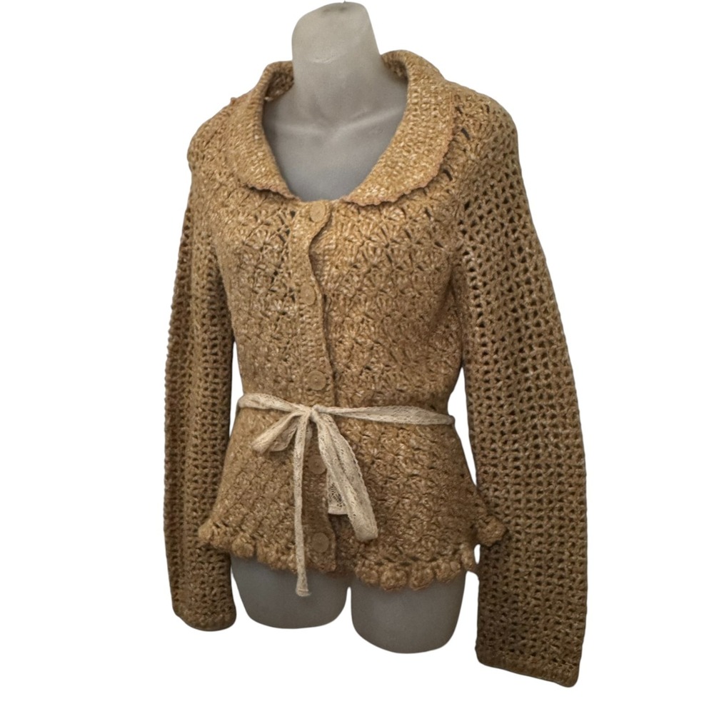 Anthropologie Moth Open Crochet Cardigan Sweater Size S Tan Belted Boho - Picture 3 of 9